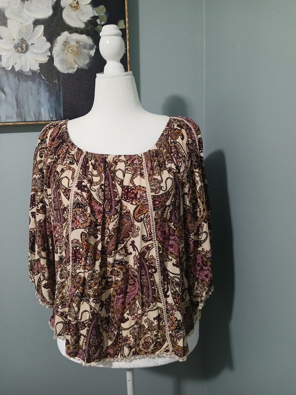 Fever Cream Paisley Peasant Blouse with Purple and Brown Accents